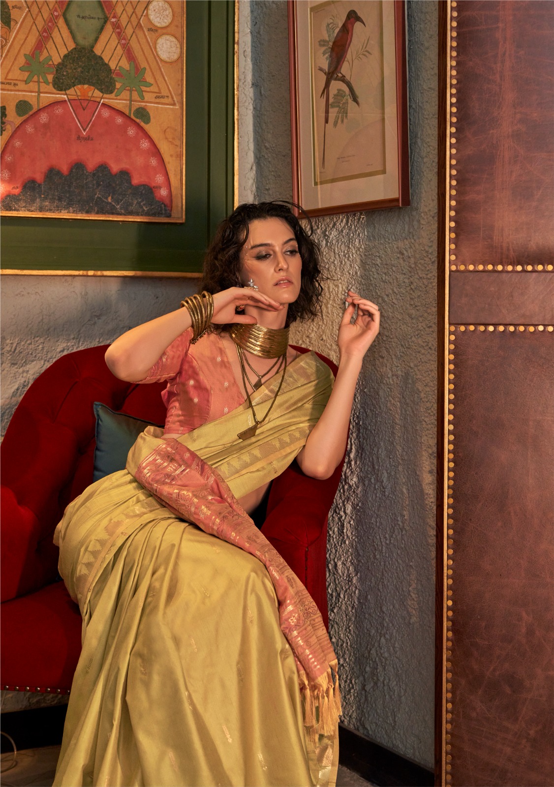 Cream Pure Handloom Tussar Silk Zari Weaved Body Temple Border Saree