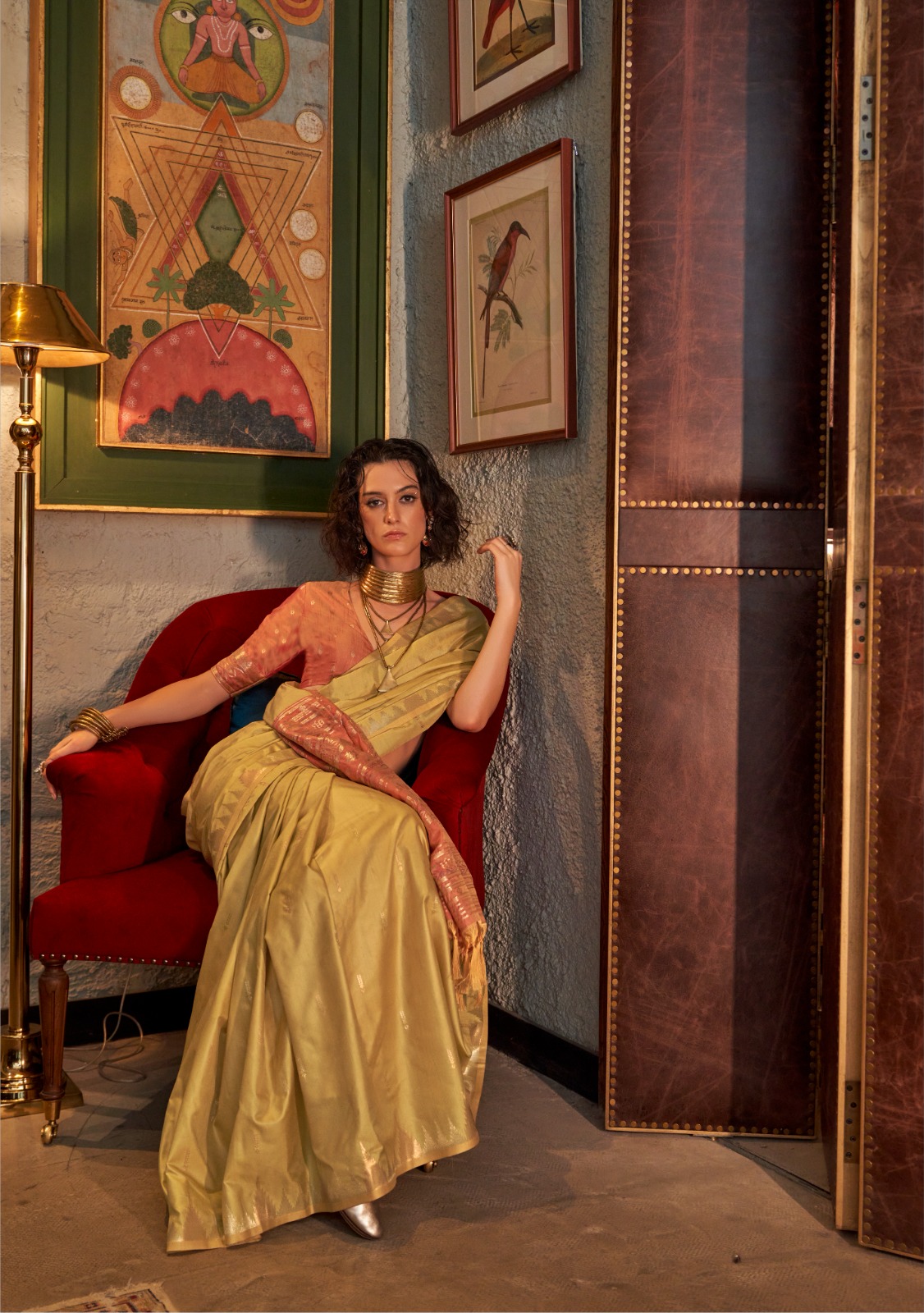 Cream Pure Handloom Tussar Silk Zari Weaved Body Temple Border Saree