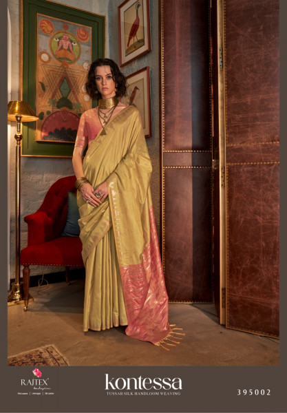 Image of Cream Pure Handloom Tussar Silk Zari Weaved Body Temple Border Saree