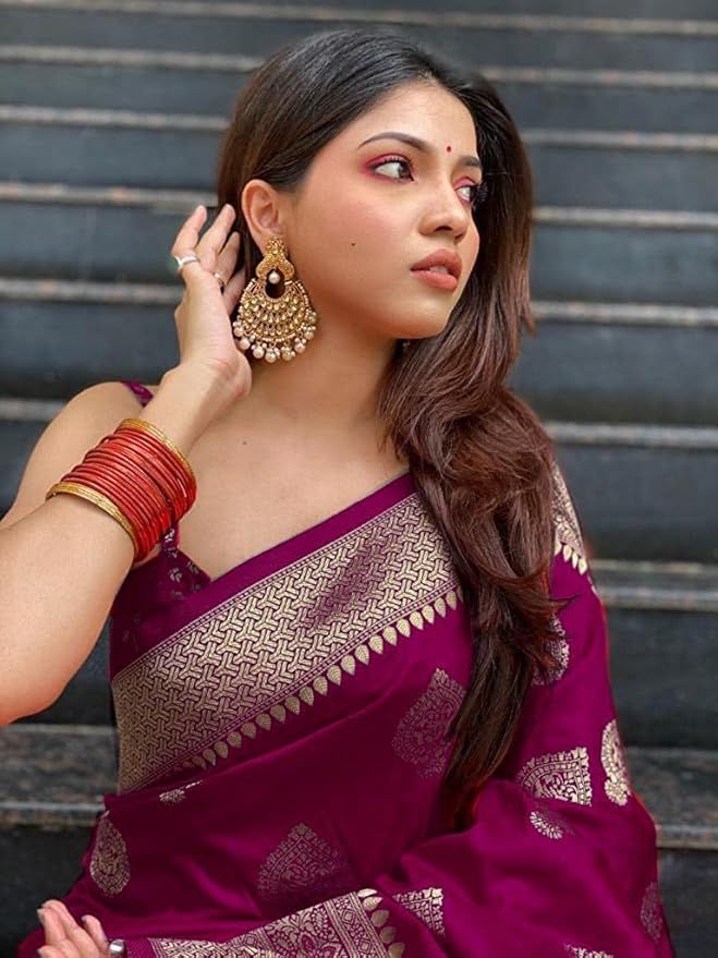 Purple Pure Banarasi Silk Rich Gold Zari Weaved Body Pallu Border Saree