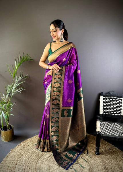 Image of Dark Purple Pure Banarasi Silk Rich Zari Weaved Pallu Border Saree