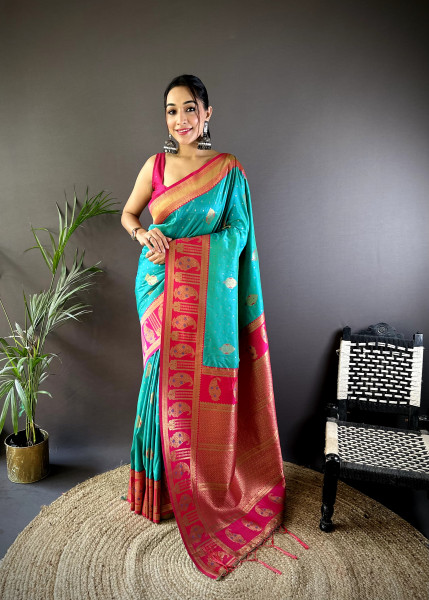 Image of C-Green Pure Banarasi Silk Rich Zari Weaved Pallu Border Saree