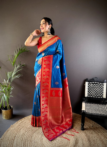 Image of Blue Pure Banarasi Silk Rich Zari Weaved Pallu Border Saree