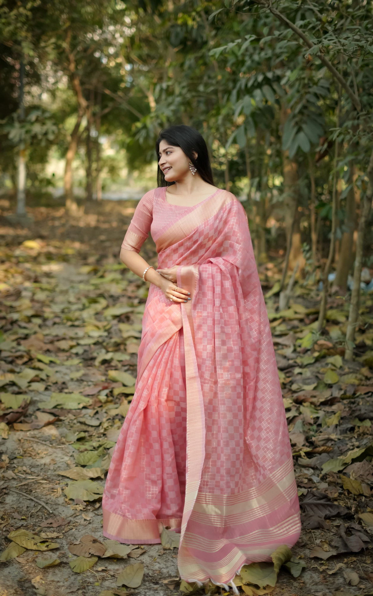 Pink Soft Kalyani Silk All Over Weaved Zari Check With Rich Pallu Border Saree