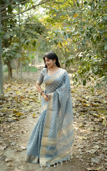 Image of Gray Soft Kalyani Silk All Over Weaved Zari Check With Rich Pallu Border Saree