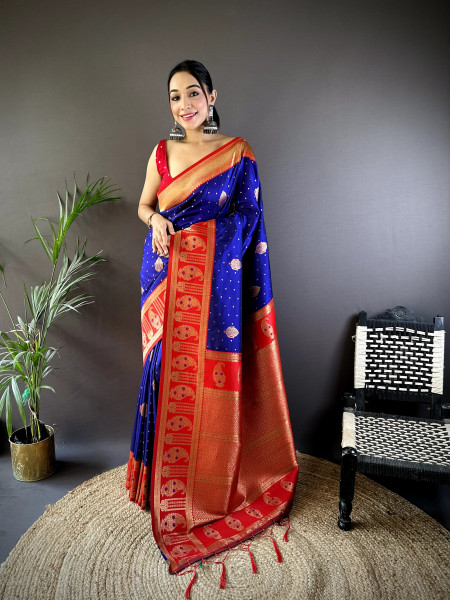 Image of Royal Blue Pure Banarasi Silk Rich Zari Weaved Pallu Border Saree