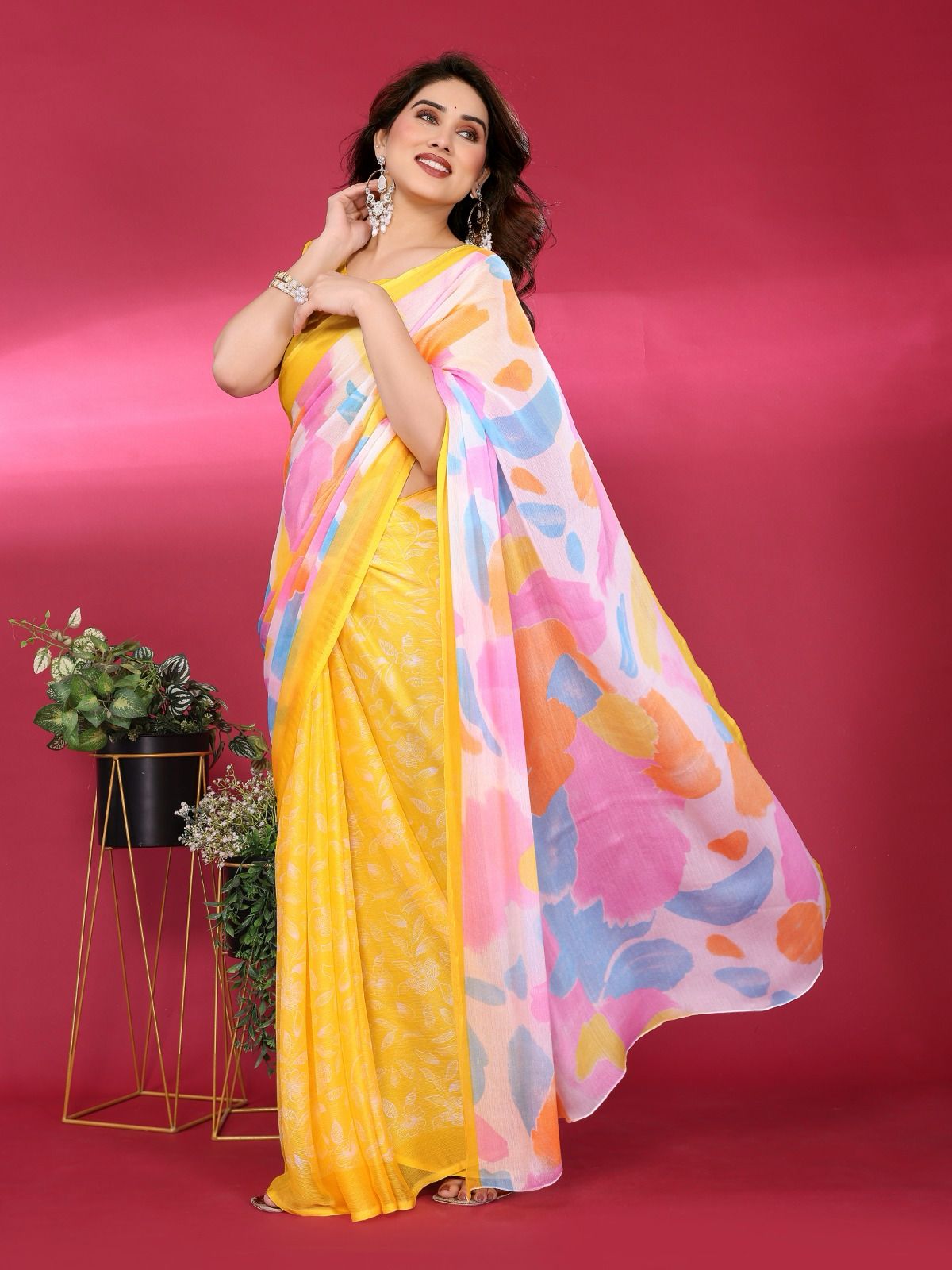 Yellow Moss Chhifon Silk Printed Saree With Unstitched Blouse Piece