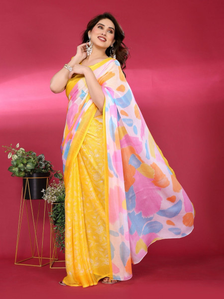 Image of Yellow Moss Chhifon Silk Printed Saree With Unstitched Blouse Piece