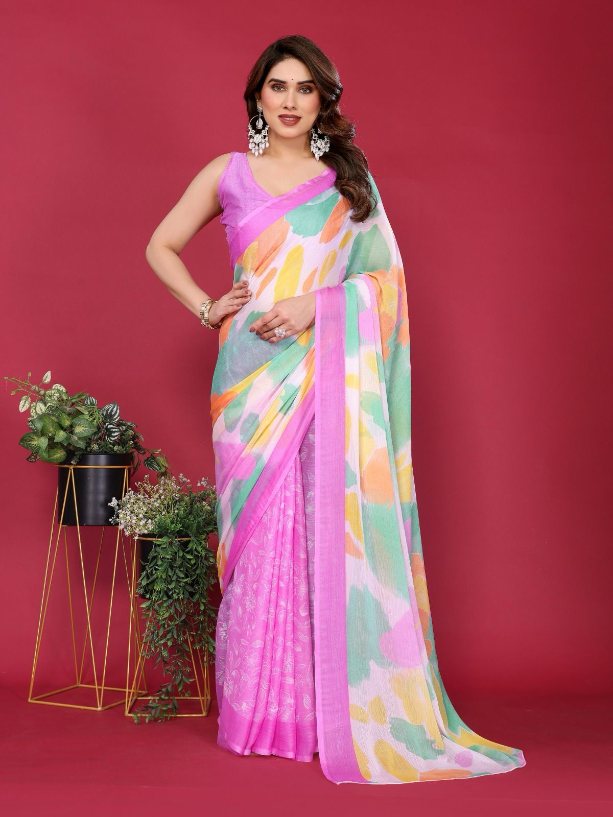 Magenta Moss Chhifon Silk Printed Saree With Unstitched Blouse Piece