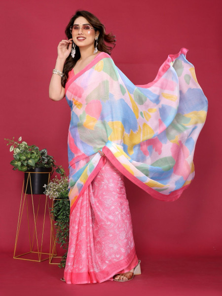 Image of Pink Moss Chhifon Silk Printed Saree With Unstitched Blouse Piece