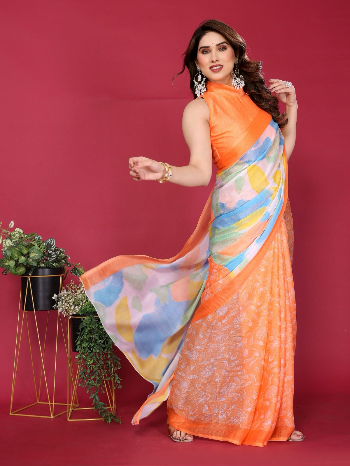 Orange Moss Chhifon Silk Printed Saree With Unstitched Blouse Piece