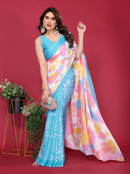 Image of Sky Blue Moss Chhifon Silk Printed Saree With Unstitched Blouse Piece