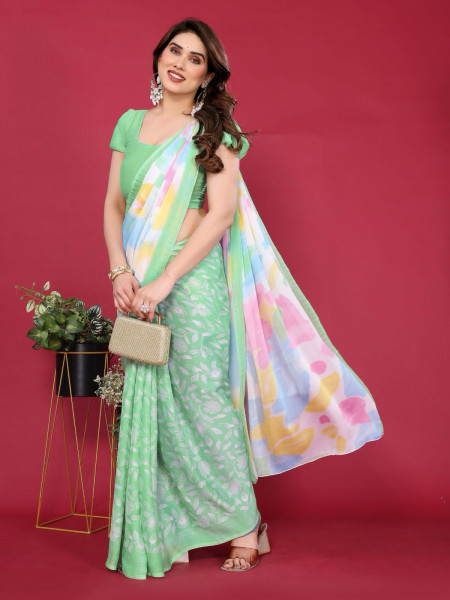 Image of Pistachio Moss Chhifon Silk Printed Saree With Unstitched Blouse Piece