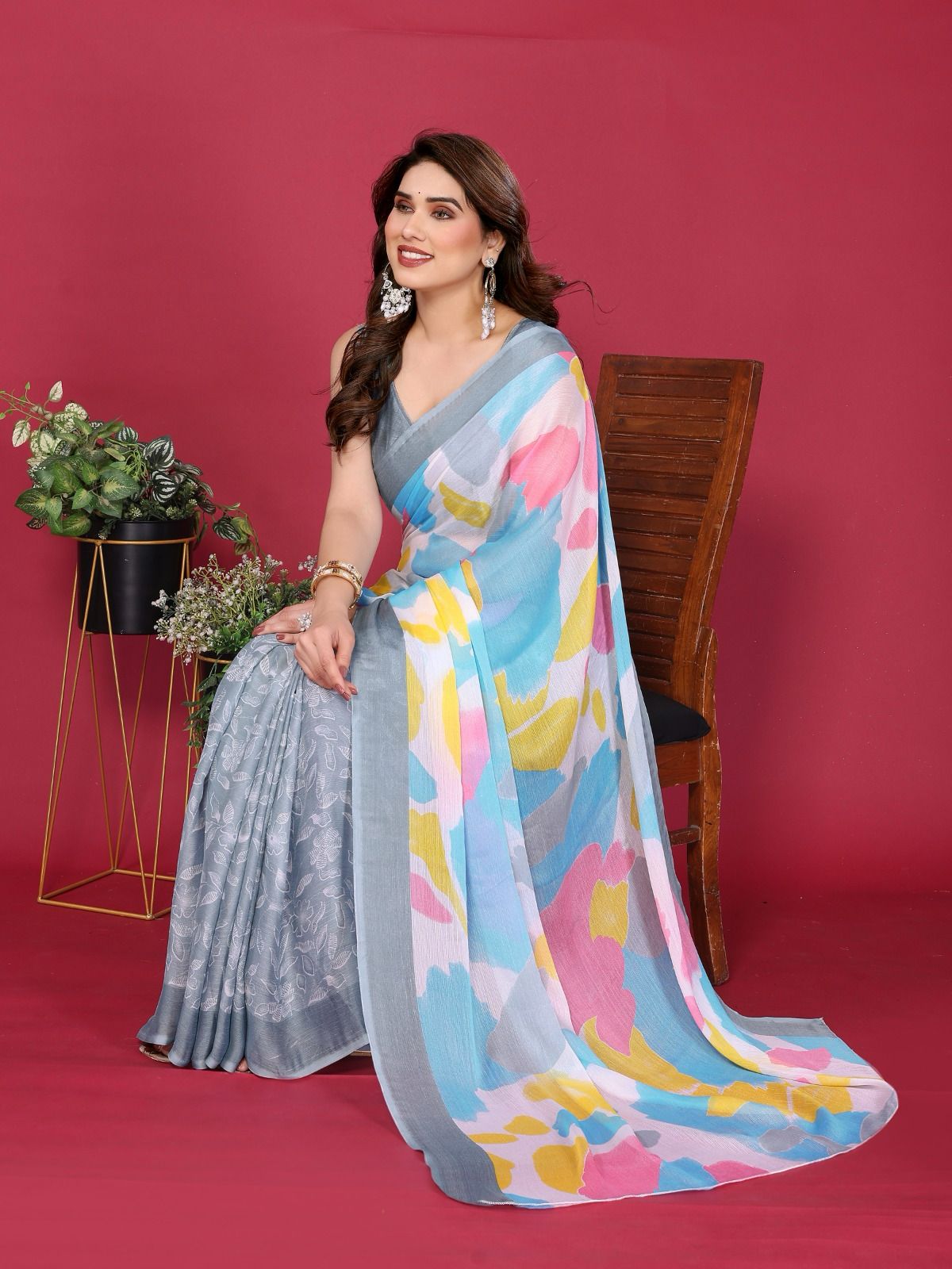 Gray Moss Chhifon Silk Printed Saree With Unstitched Blouse Piece