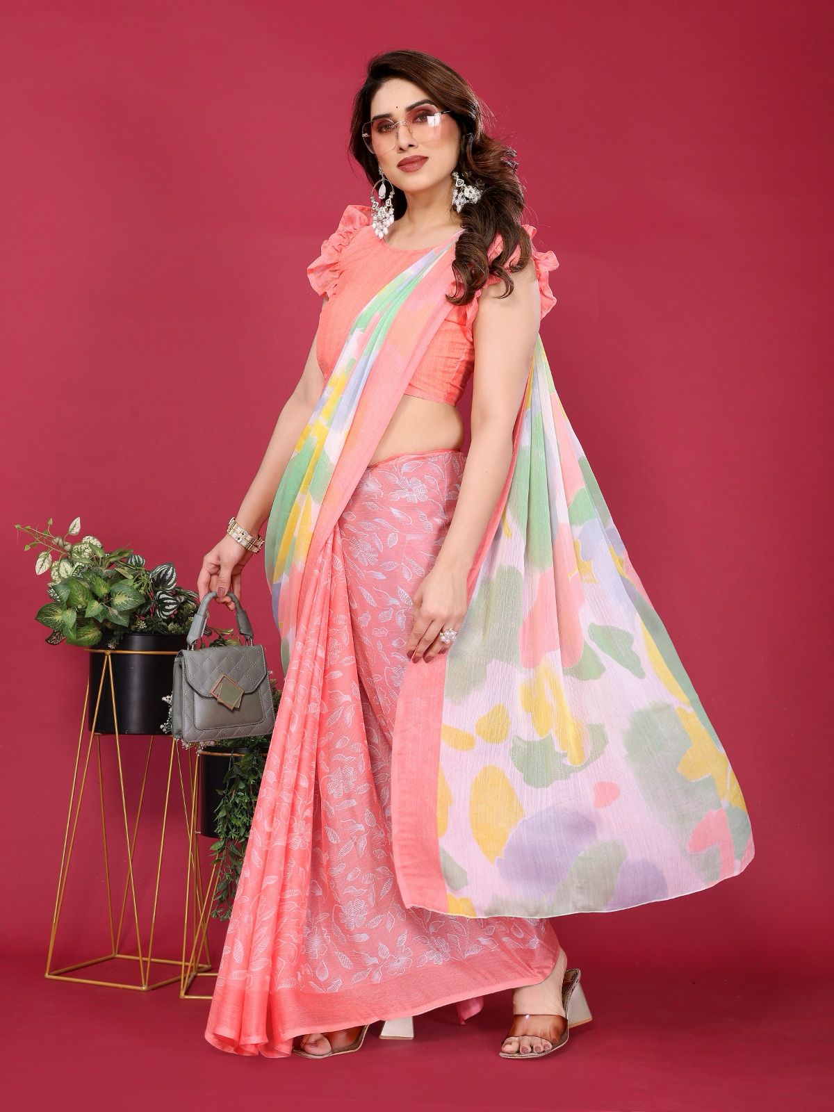 Peach Moss Chhifon Silk Printed Saree With Unstitched Blouse Piece
