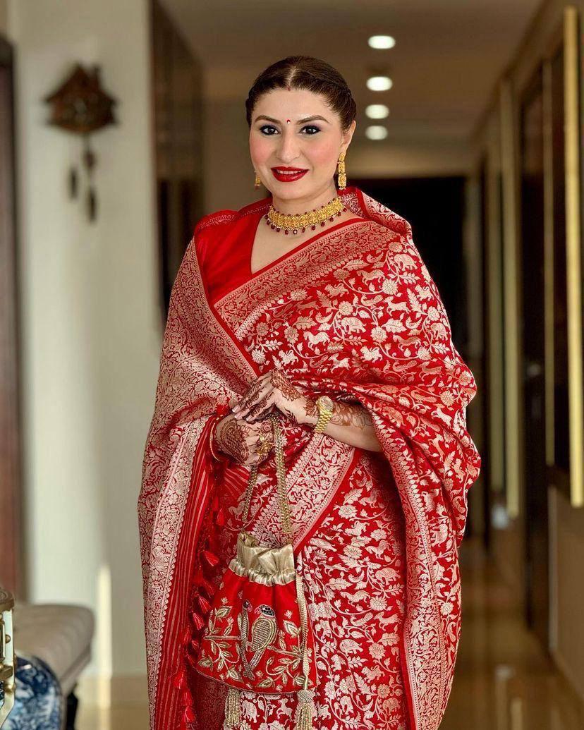 Red Banarasi Silk Rich All Over Silver Zari Floral Weaved Saree