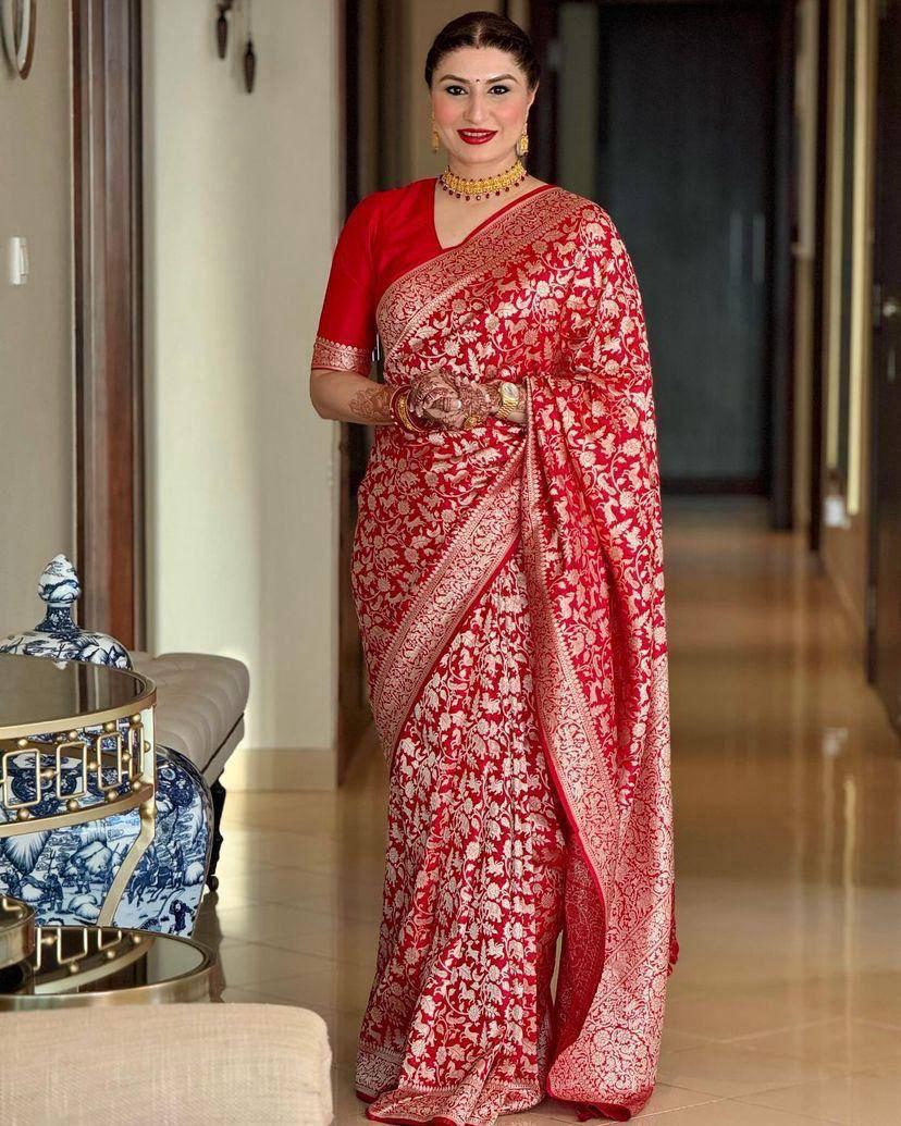 Red Banarasi Silk Rich All Over Silver Zari Floral Weaved Saree