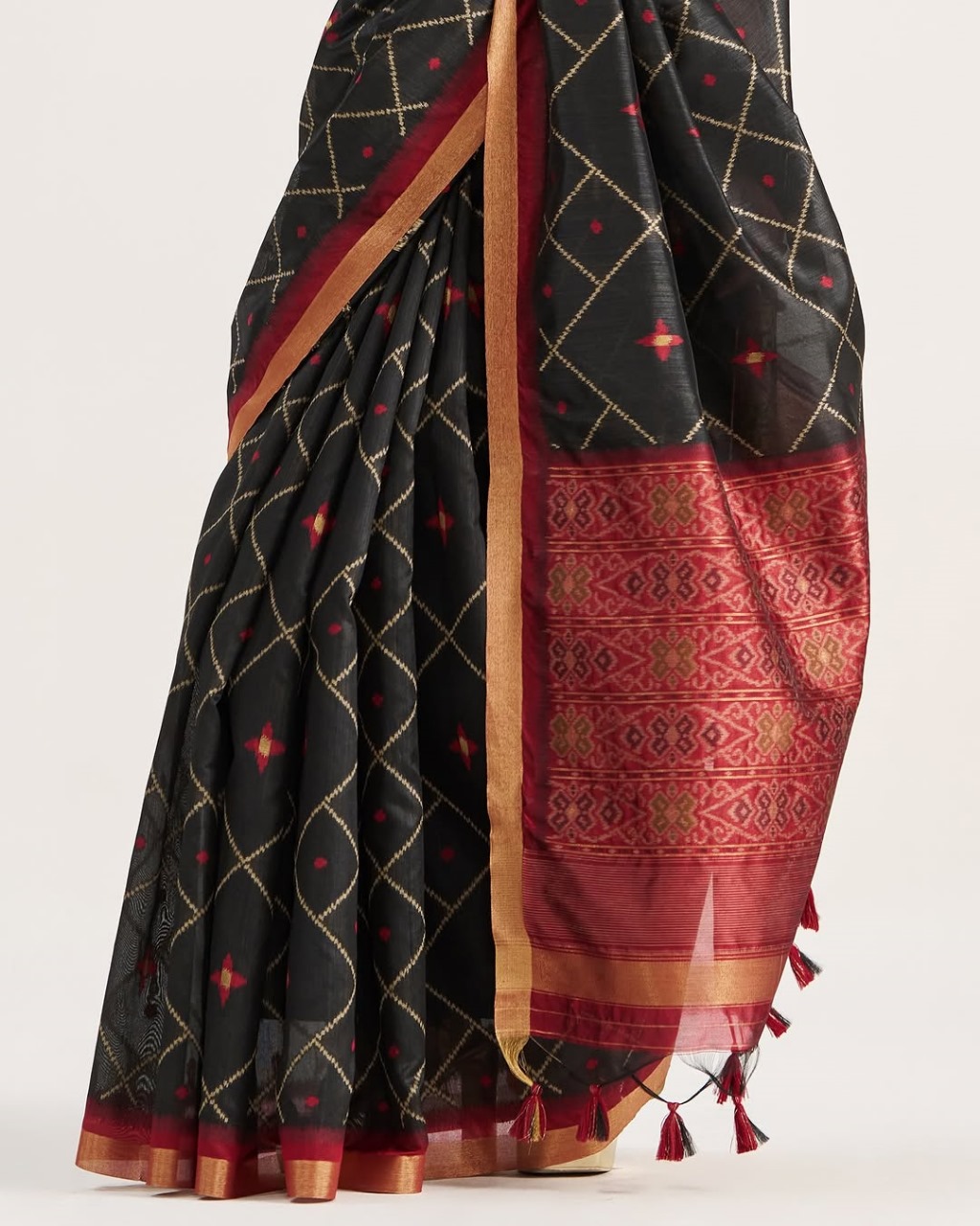Black Tussar Patan Patola All Over Jacquard Weaved Check Rich Pallu Border Saree