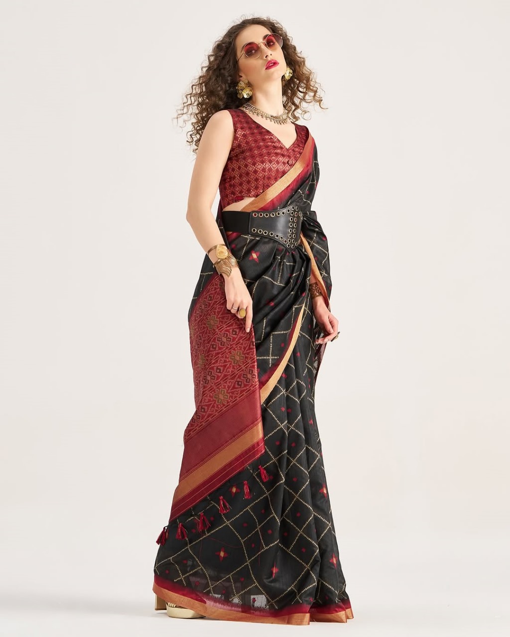 Black Tussar Patan Patola All Over Jacquard Weaved Check Rich Pallu Border Saree