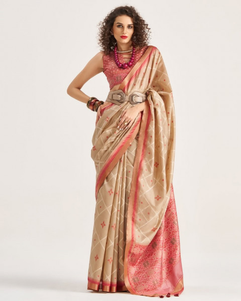 Image of Cream Tussar Patan Patola All Over Jacquard Weaved Check Rich Pallu Border Saree