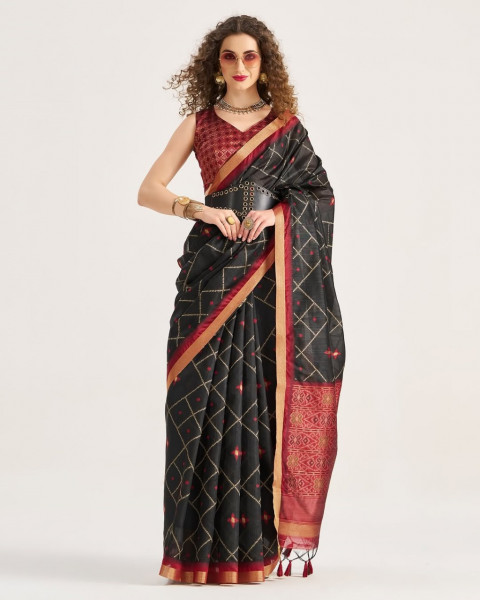 Image of Black Tussar Patan Patola All Over Jacquard Weaved Check Rich Pallu Border Saree