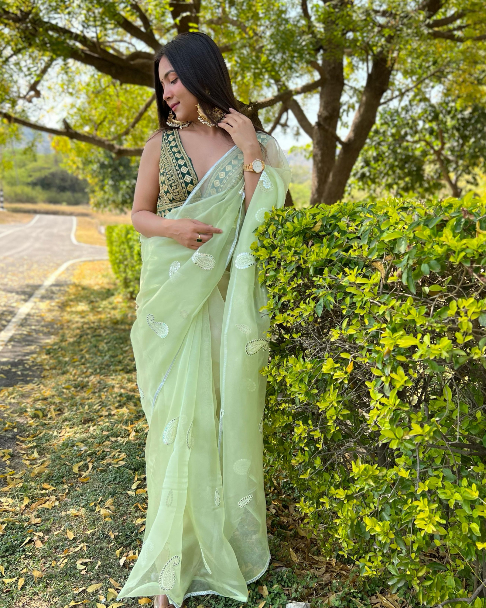 Pistachio Organza Silk All Over Resham Gota Thread Work Saree