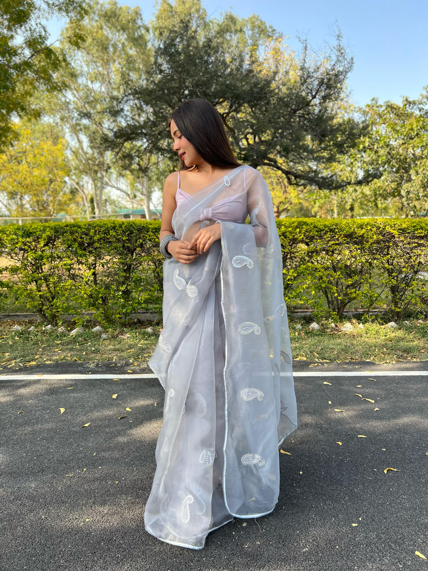 Gray Organza Silk All Over Resham Gota Thread Work Saree