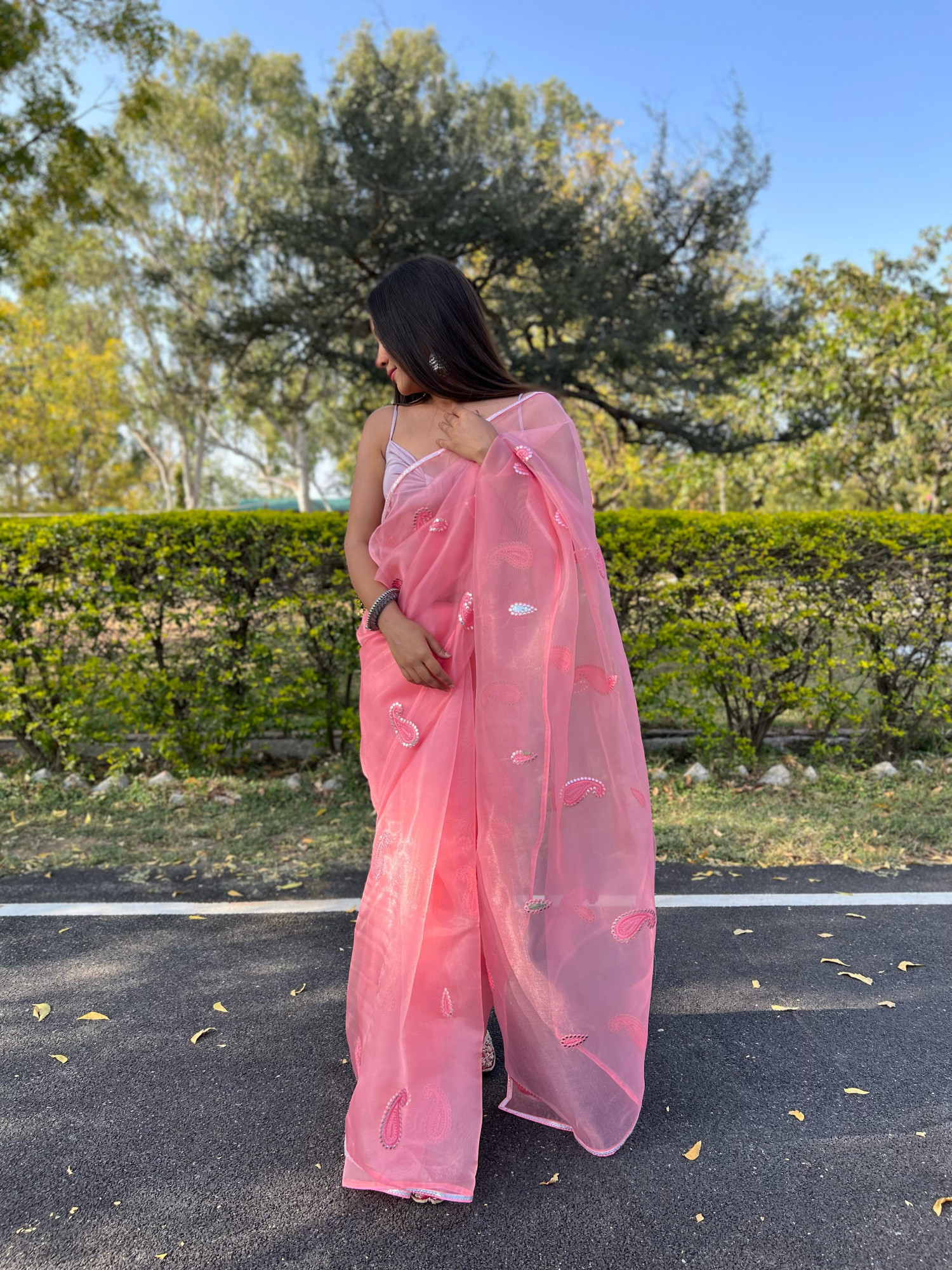 Pink Organza Silk All Over Resham Gota Thread Work Saree