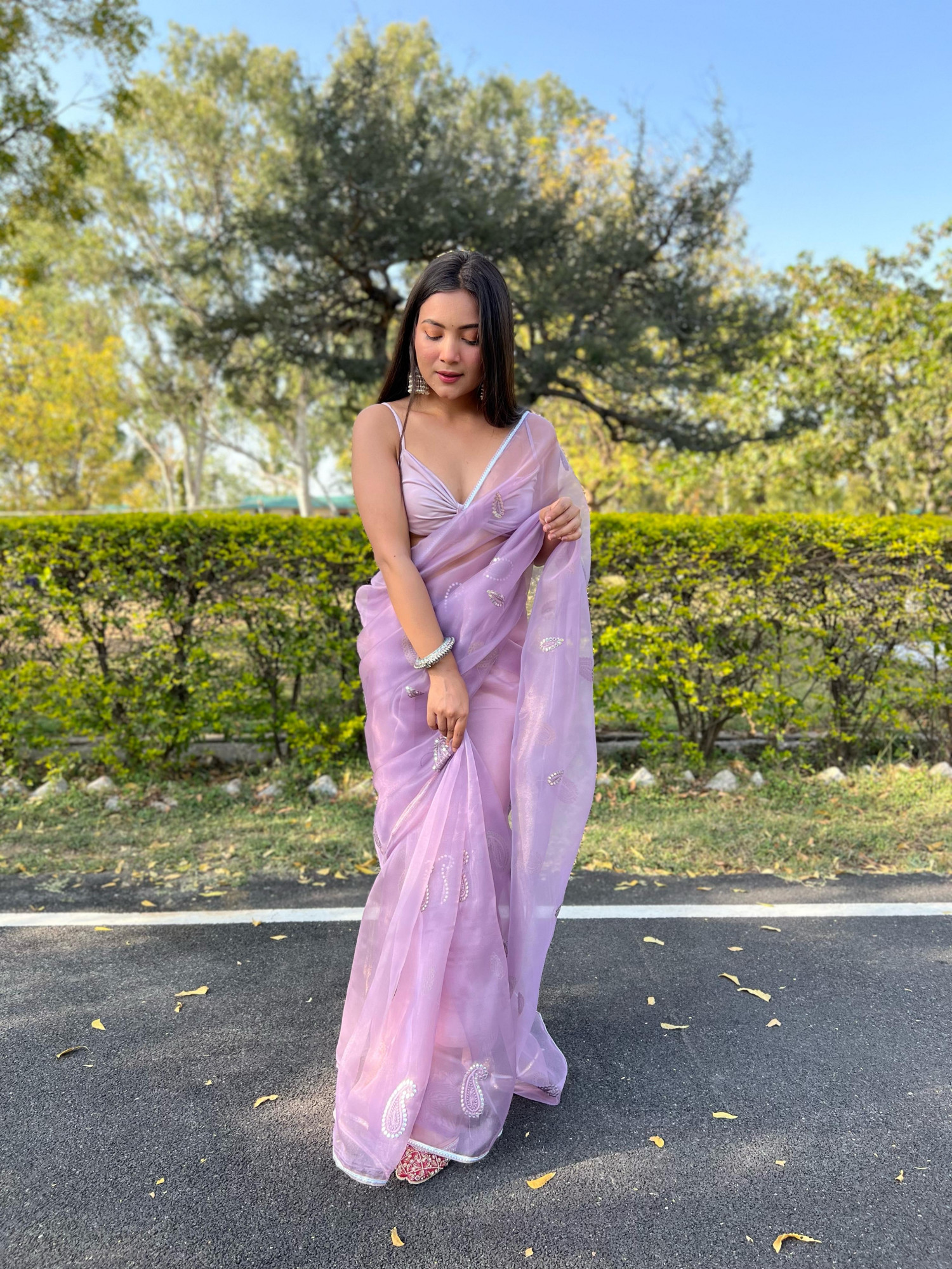 Lavender Organza Silk All Over Resham Gota Thread Work Saree