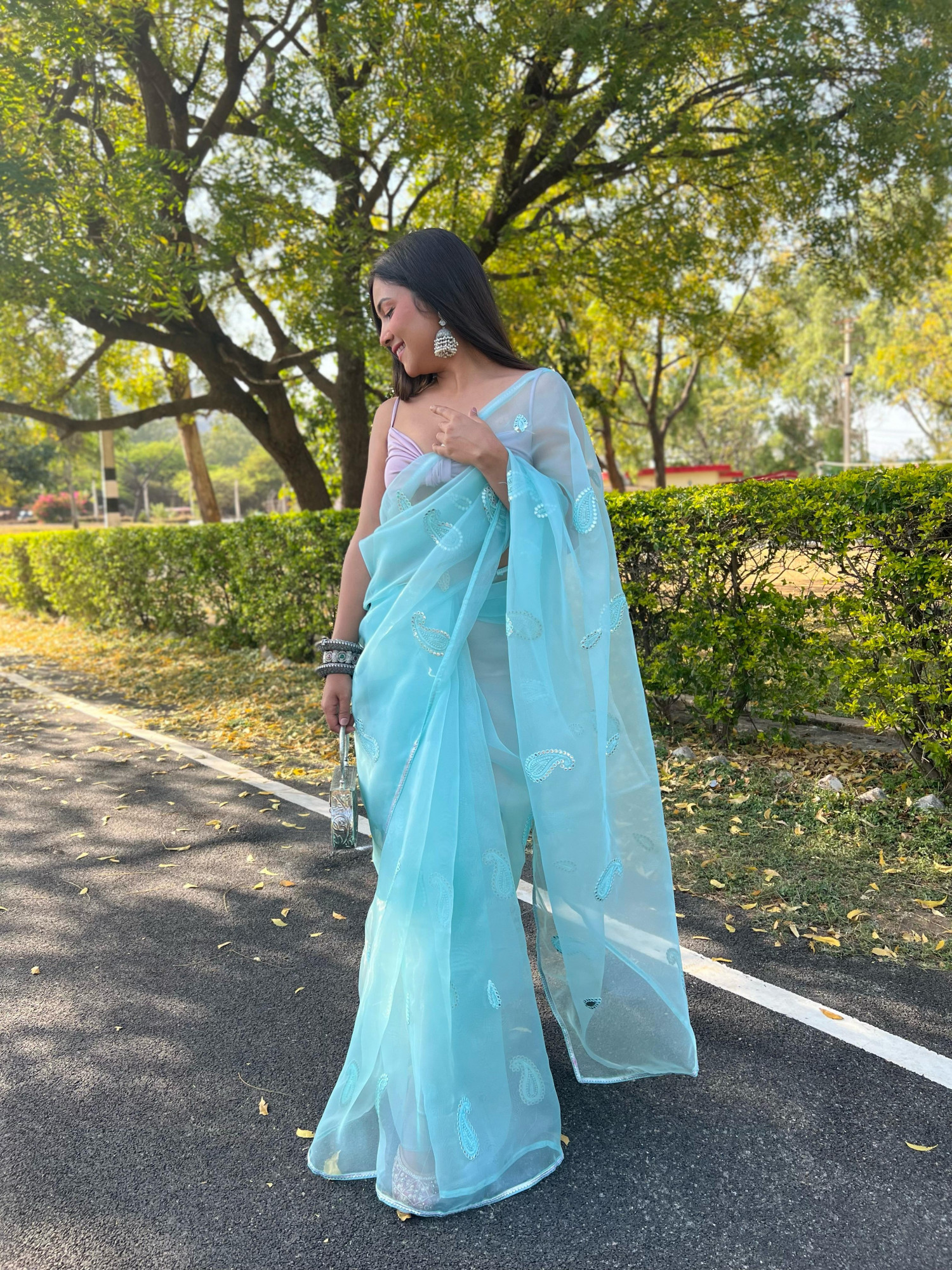 Sky Blue Organza Silk All Over Resham Gota Thread Work Saree