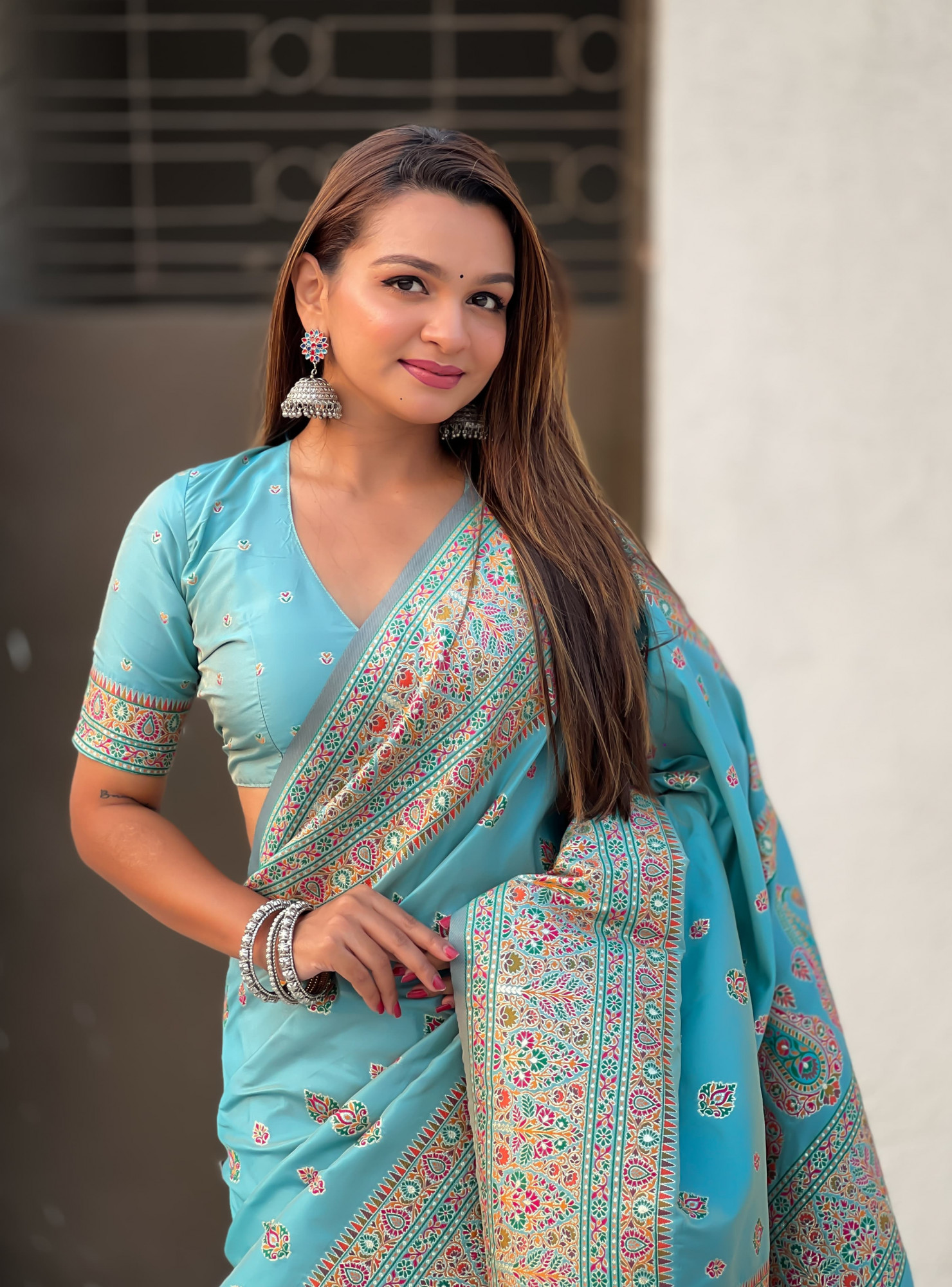 Sky Blue Pure Pashmina Silk Rich Zari Meenakari Weaved Body Pallu Border Saree