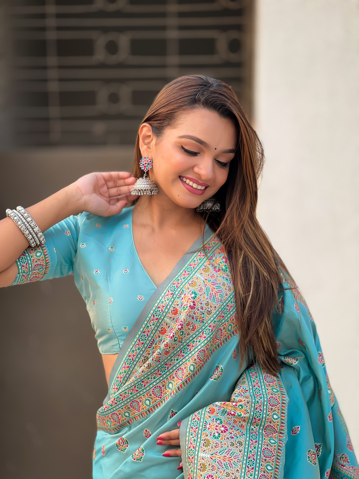 Sky Blue Pure Pashmina Silk Rich Zari Meenakari Weaved Body Pallu Border Saree