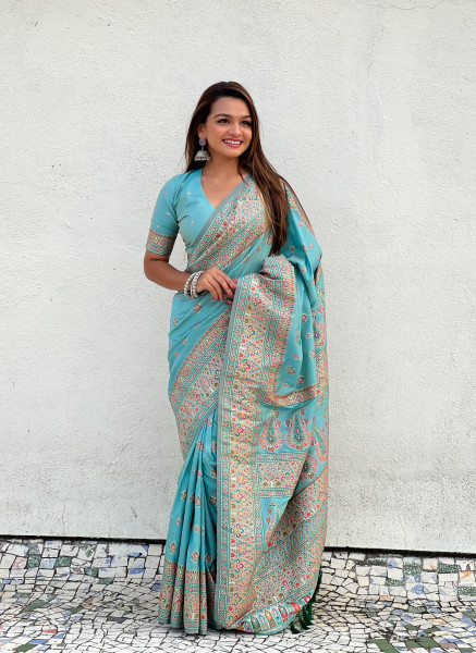 Image of Sky Blue Pure Pashmina Silk Rich Zari Meenakari Weaved Body Pallu Border Saree