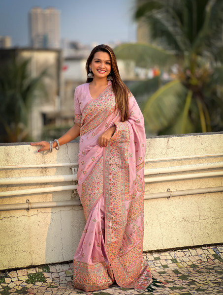 Image of Baby Pink Pure Pashmina Silk Rich Zari Meenakari Weaved Body Pallu Border Saree