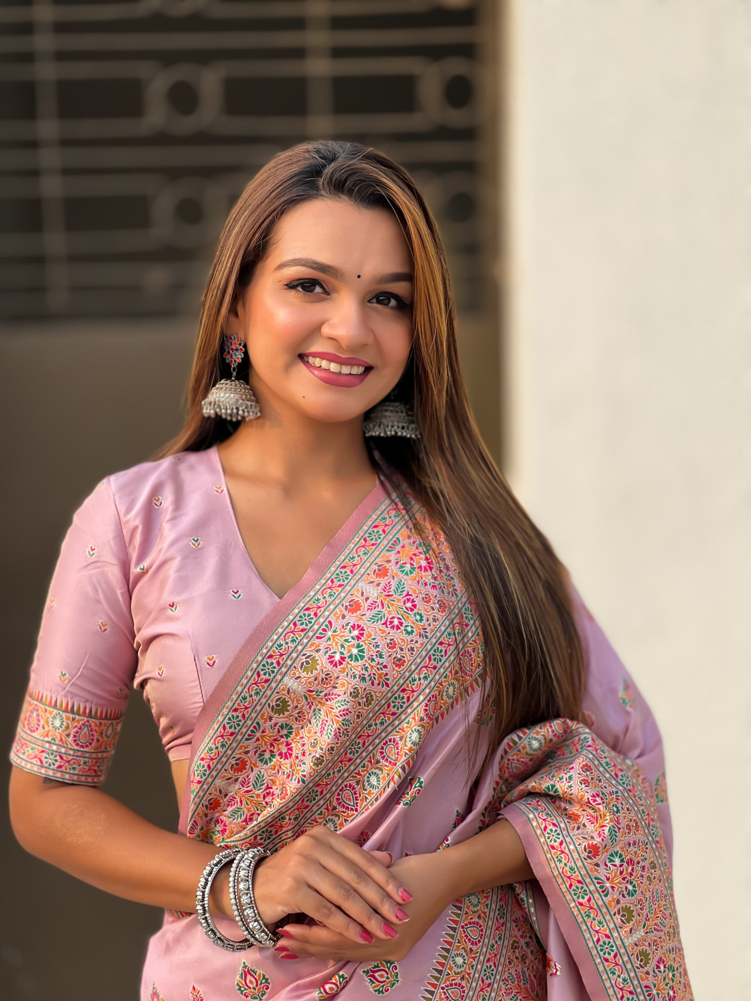 Baby Pink Pure Pashmina Silk Rich Zari Meenakari Weaved Body Pallu Border Saree