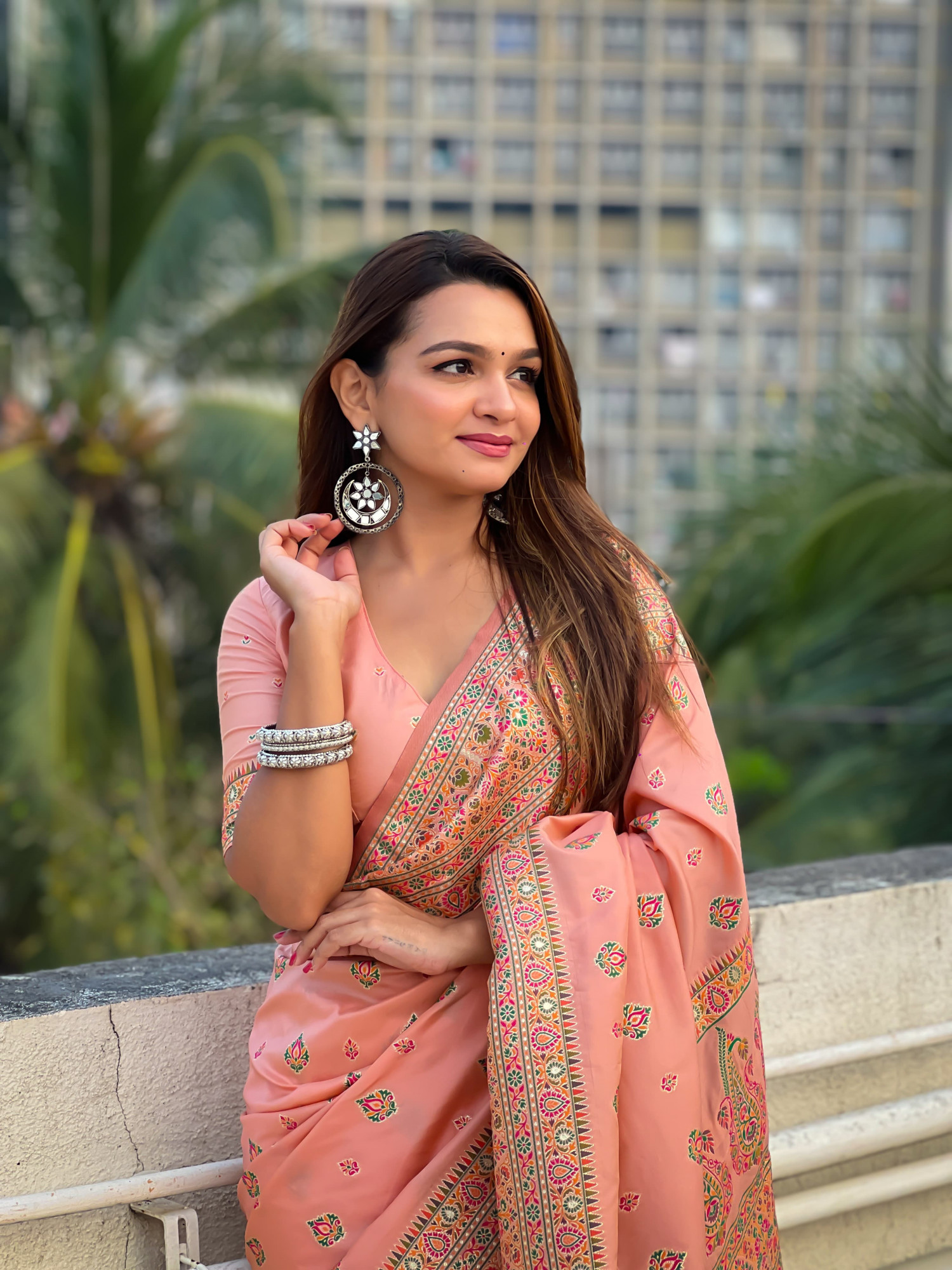 Peach Pure Pashmina Silk Rich Zari Meenakari Weaved Body Pallu Border Saree