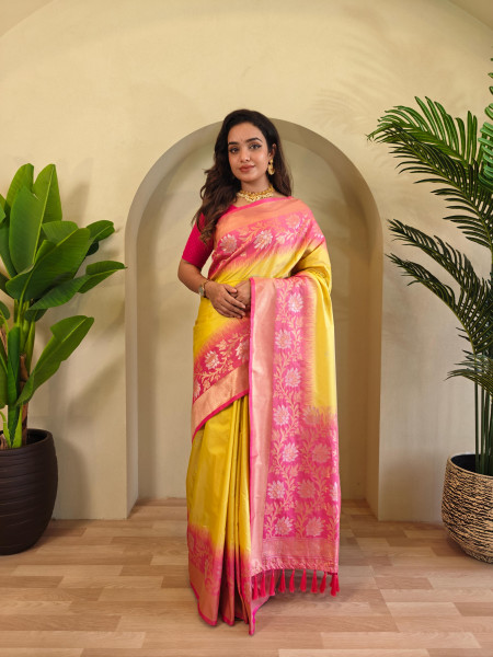 Image of Yellow Banarasi Silk Dual Tone Zari Weaved Contrast Pallu Designer Border Saree