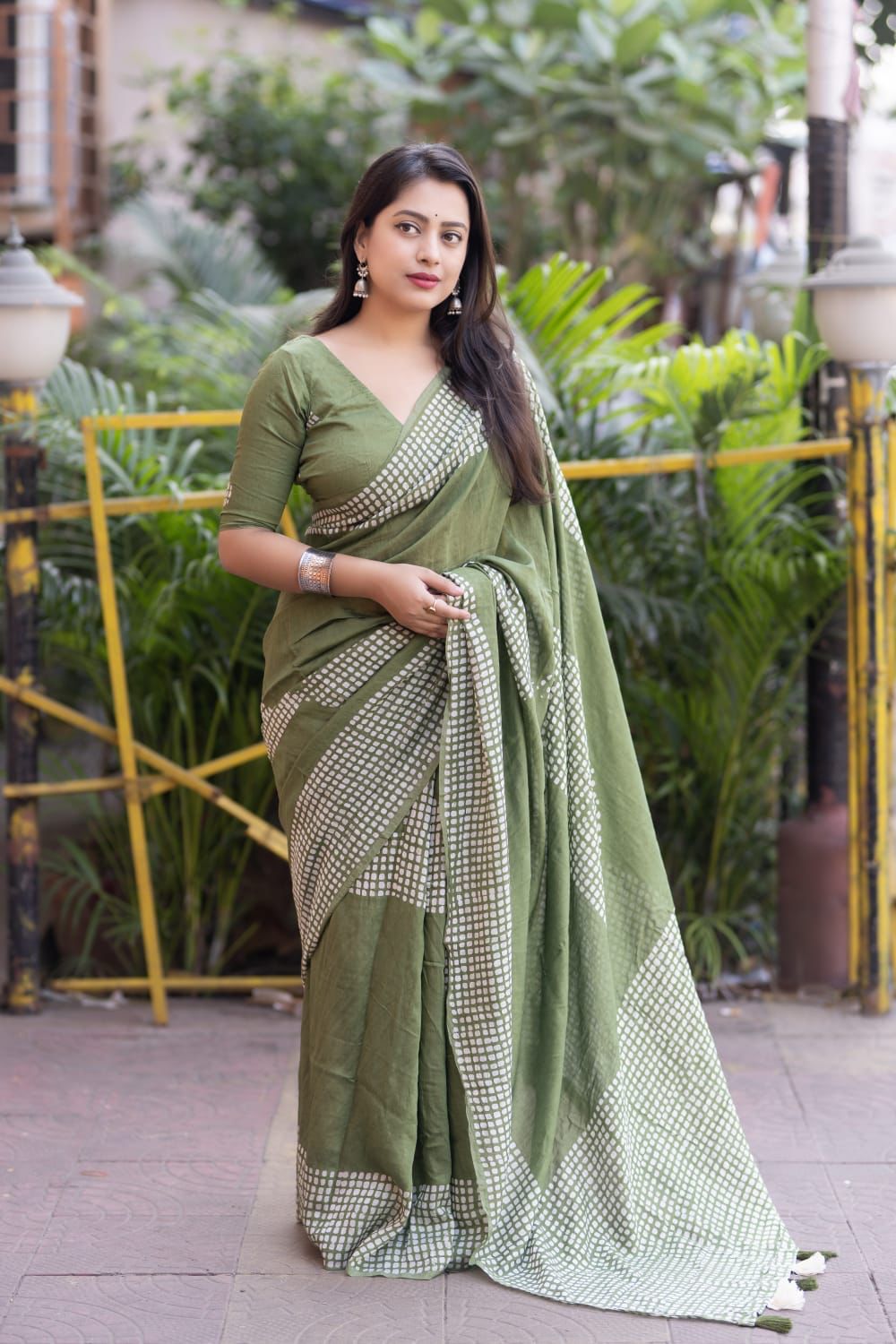 Olive Green Pure Chanderi Cotton Batik Printed Saree