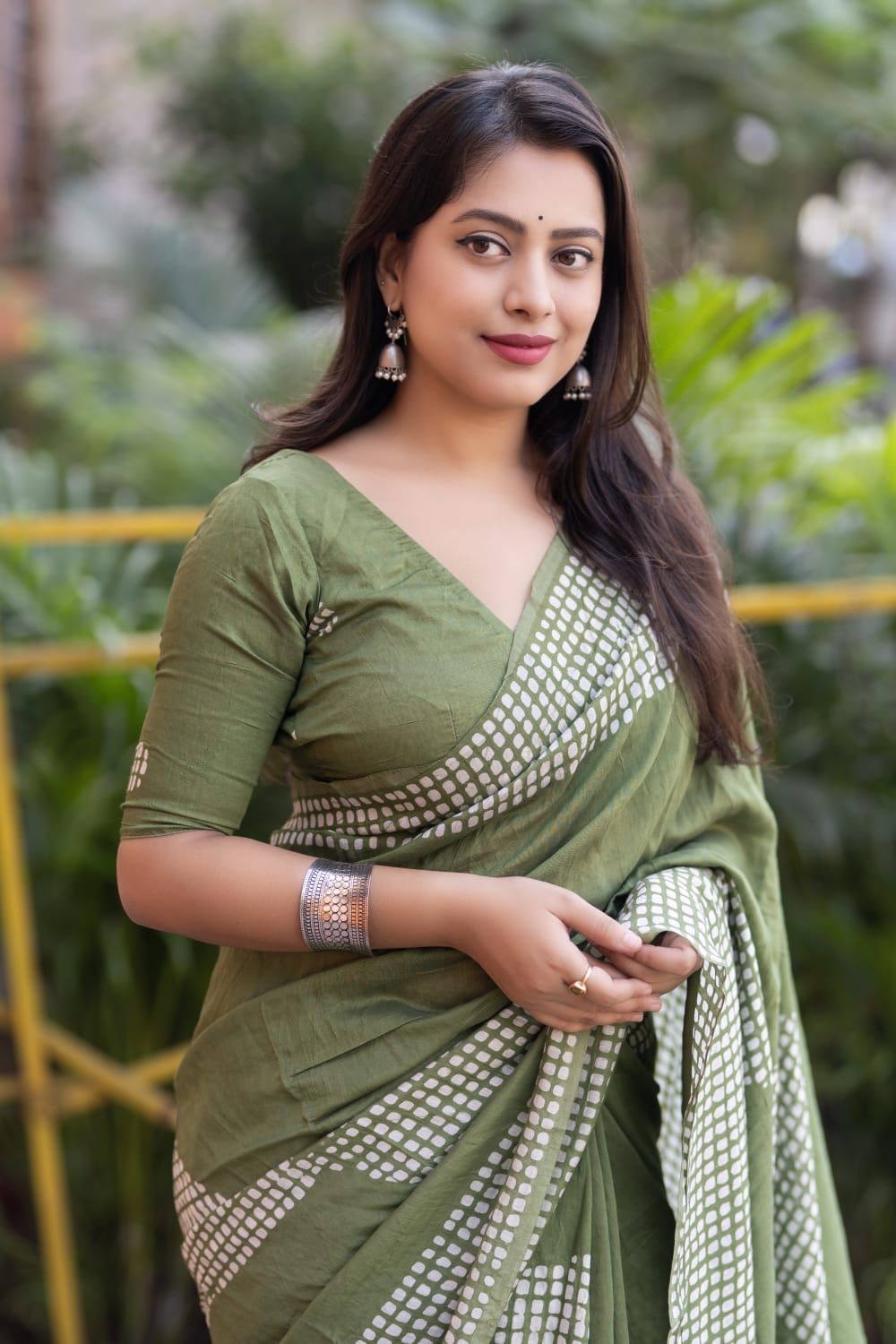 Olive Green Pure Chanderi Cotton Batik Printed Saree