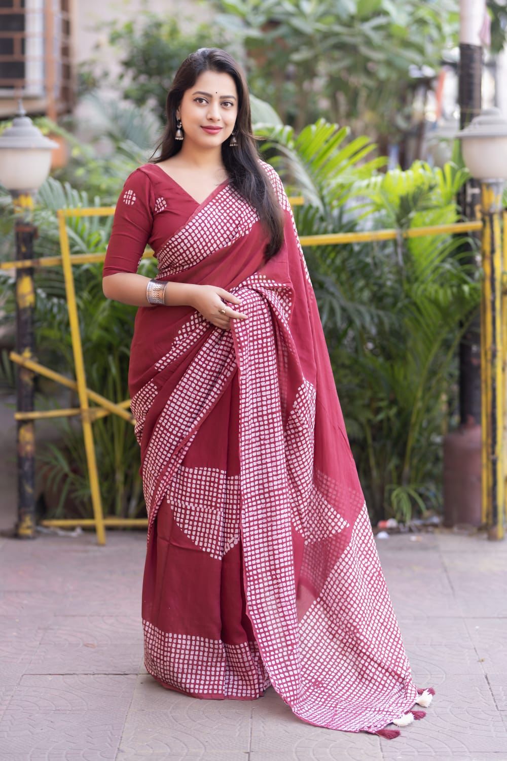 Maroon Pure Chanderi Cotton Batik Printed Saree