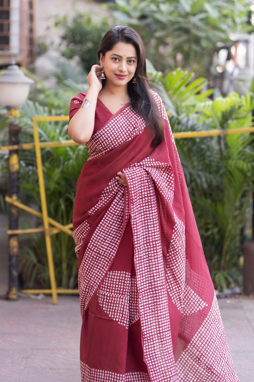 Maroon Pure Chanderi Cotton Batik Printed Saree