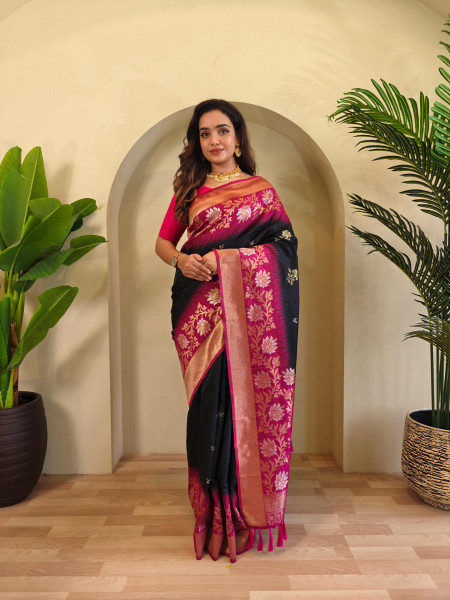 Image of Black Banarasi Silk Dual Tone Zari Weaved Contrast Pallu Designer Border Saree