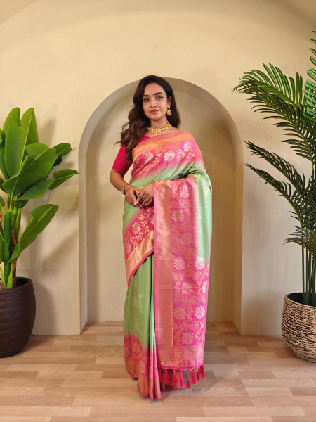 Image of Pistachio Banarasi Silk Dual Tone Zari Weaved Contrast Pallu Designer Border Saree