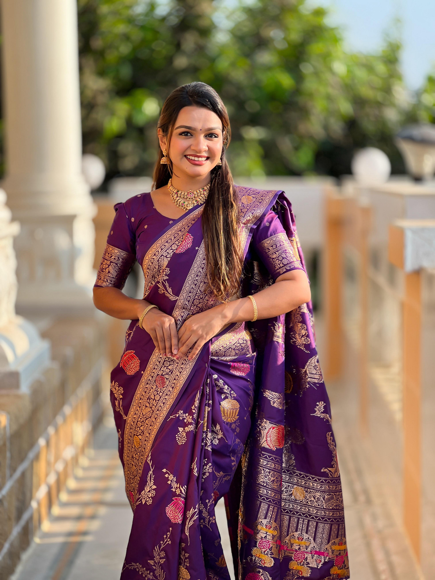 Dark Purple Soft Banarasi Silk Rich Zari Meenakari Weaved Saree