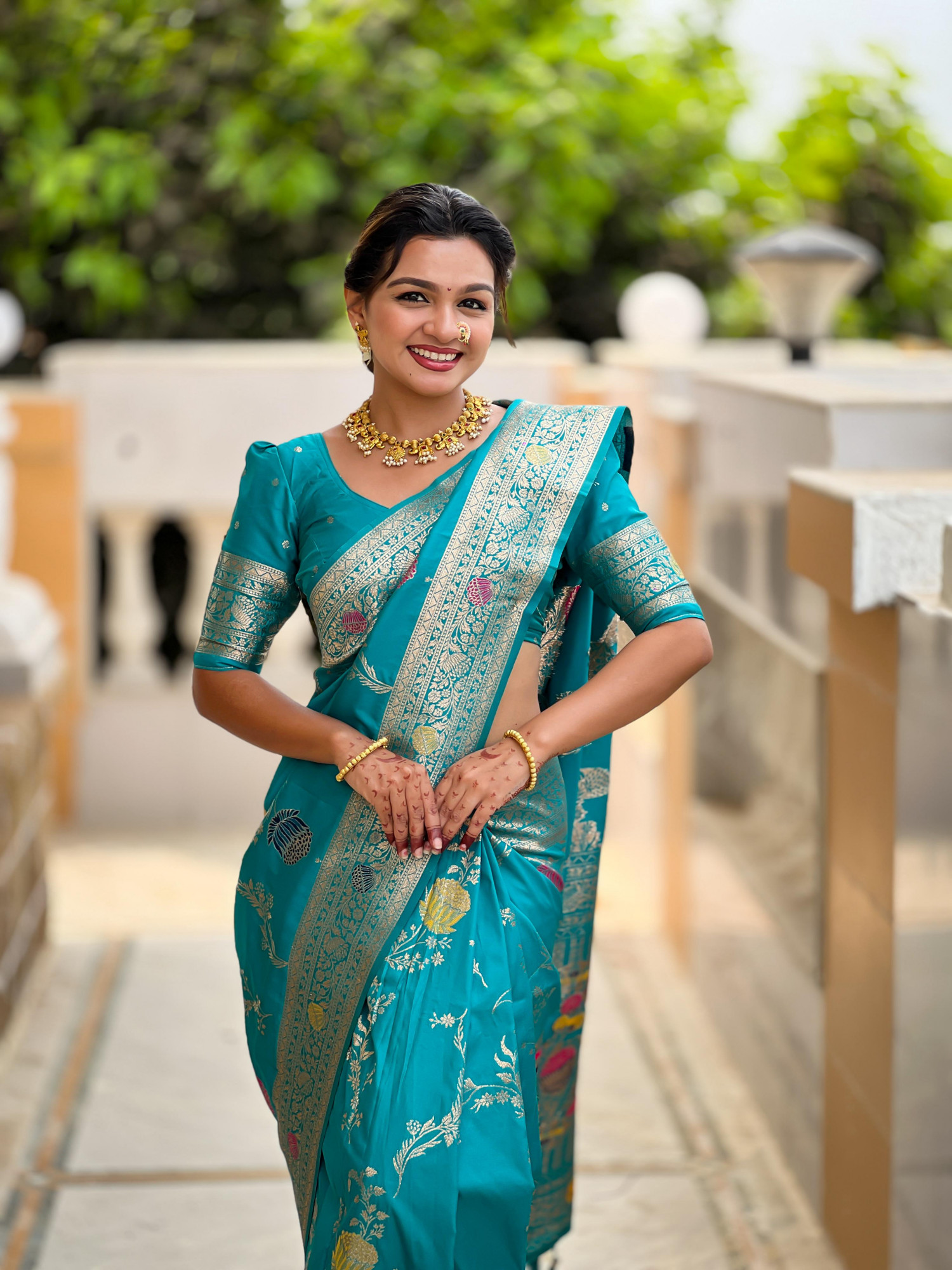 Teal Soft Banarasi Silk All Over Rich Zari Meenakari Weaved Body Pallu Border Saree