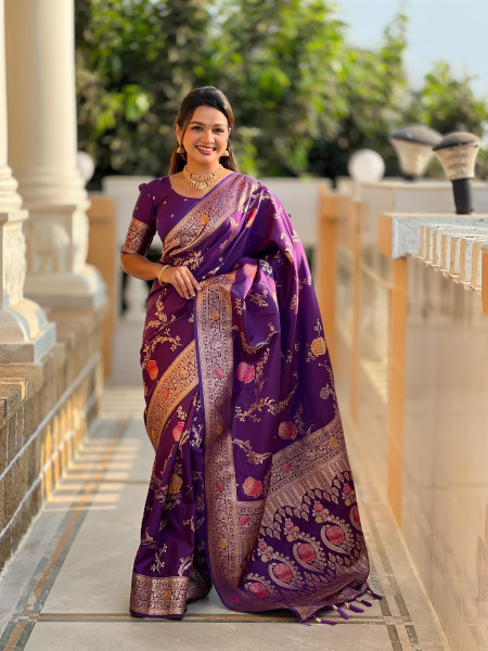 Image of Dark Purple Soft Banarasi Silk Rich Zari Meenakari Weaved Saree