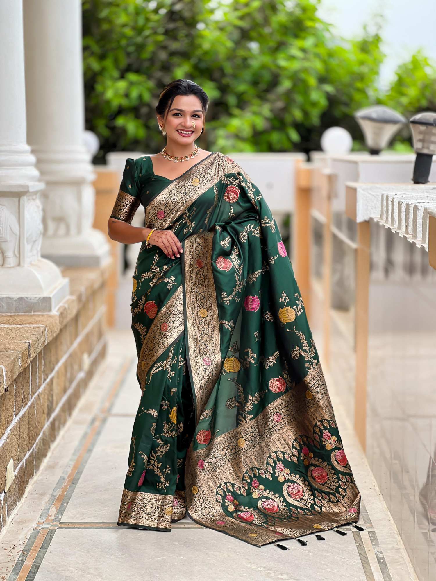 Bottle Green Soft Banarasi Silk All Over Rich Zari Meenakari Weaved Body Pallu Border Saree