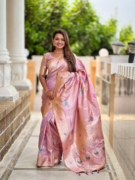 Image of Rose Pink Soft Banarasi Silk All Over Rich Zari Meenakari Weaved Body Pallu Border Saree