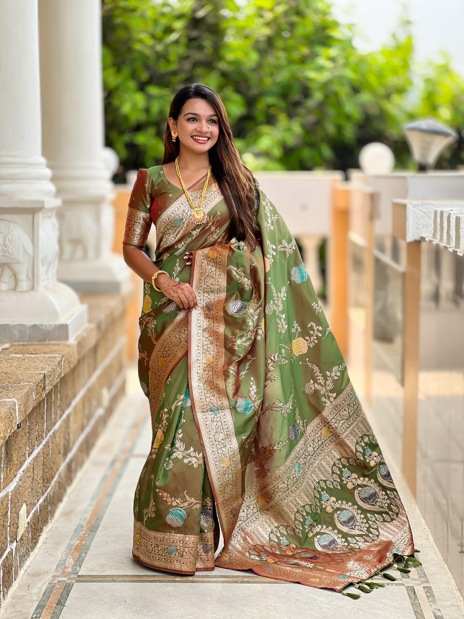 Olive Green Soft Banarasi Silk All Over Rich Zari Meenakari Weaved Body Pallu Border Saree