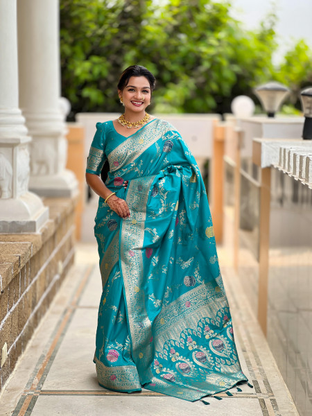 Image of Teal Soft Banarasi Silk All Over Rich Zari Meenakari Weaved Body Pallu Border Saree